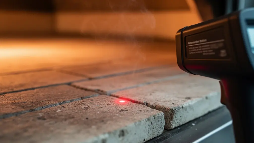 Mesure de température de la sole d'un four à pizza avec thermomètre laser professionnel