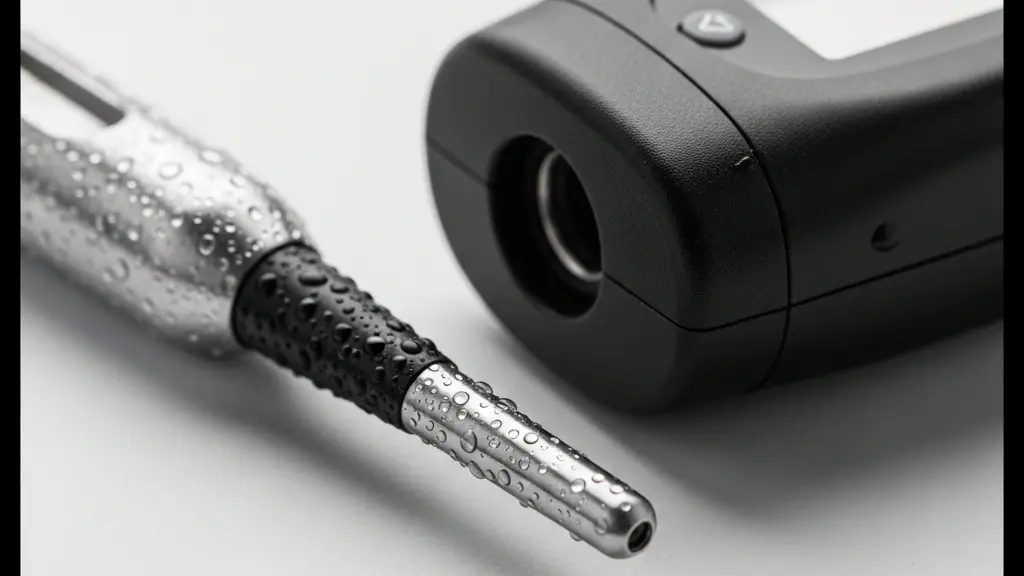 Gros plan macro d’un thermomètre alimentaire et d’une sonde inox, montrant les textures et la précision du matériel sans aucun texte lisible.