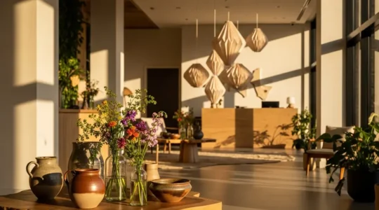 Hall d'hôtel élégant avec effet wow créatif à petit budget, détails artisanaux et ambiance chaleureuse