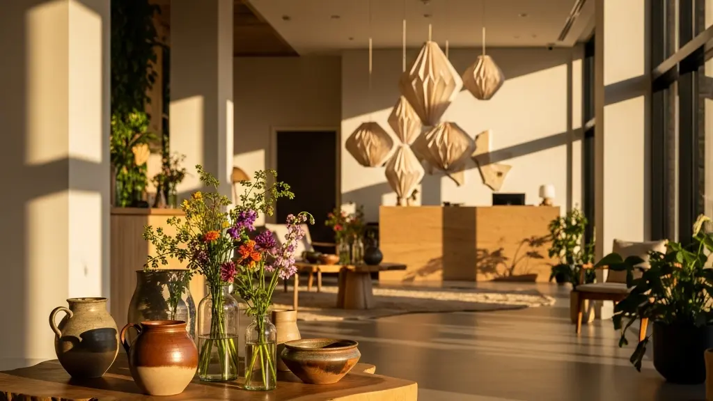 Hall d'hôtel élégant avec effet wow créatif à petit budget, détails artisanaux et ambiance chaleureuse