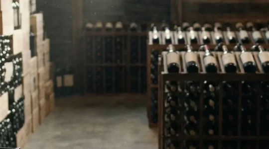 Cave a vin de restaurant surchargee, avec caisses empilees et un espace vide au premier plan pour illustrer l argent immobilise.