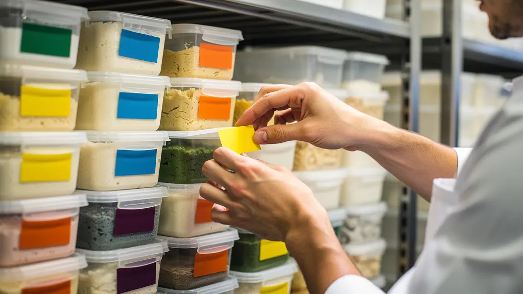 Système d'étiquetage coloré sur bacs à pâtons dans chambre froide professionnelle