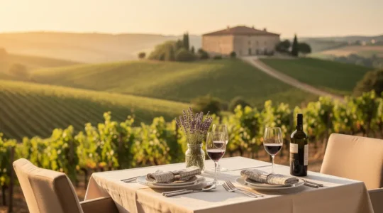 Table élégamment dressée pour un dîner gastronomique dans un hôtel avec vue sur un vignoble au crépuscule