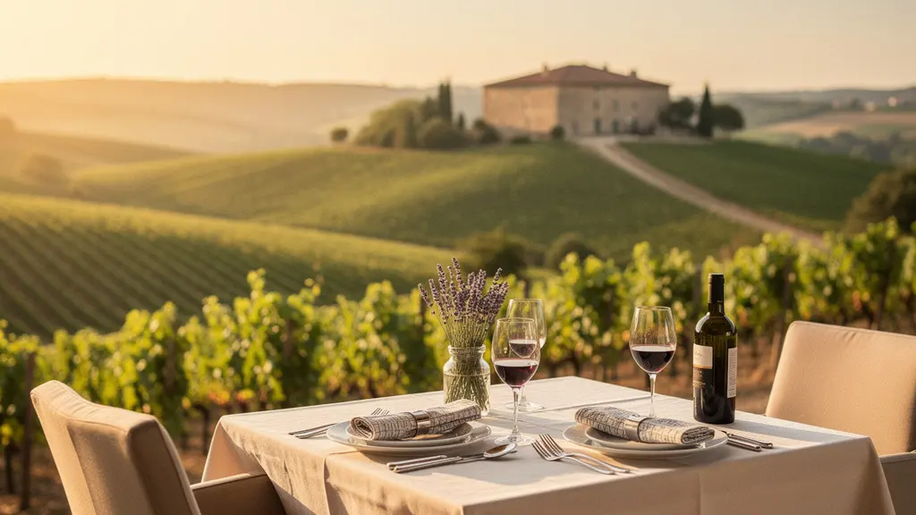 Table élégamment dressée pour un dîner gastronomique dans un hôtel avec vue sur un vignoble au crépuscule