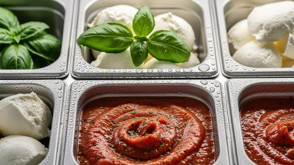 Vue plongeante d'une table réfrigérée à pizza avec bacs d'ingrédients organisés méthodiquement