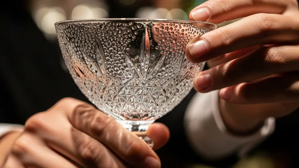 Gros plan sur les mains d'un bartender tenant un verre à cocktail avec précaution