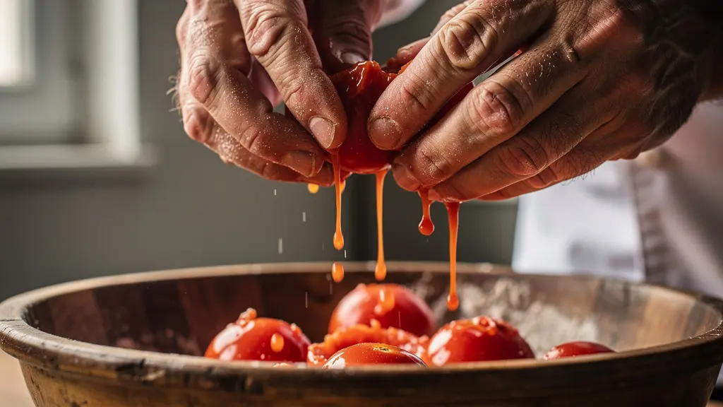 Mains de pizzaiolo écrasant délicatement des tomates San Marzano au-dessus d'un bol en bois