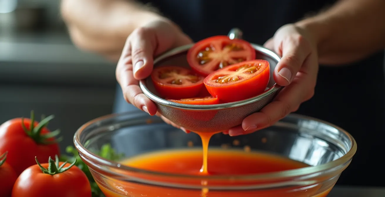 Tomates fraîches coupées s'égouttant dans une passoire avec sel visible
