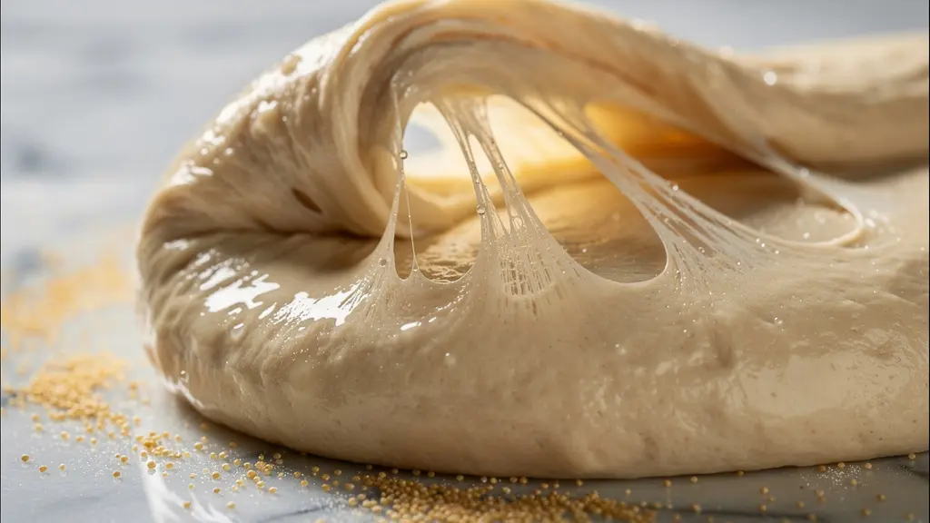 Vue macro de pâte très hydratée manipulée avec technique des rabats sur marbre