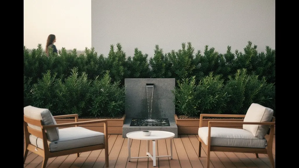 Terrasse privative d’hôtel, épurée et végétalisée, avec une petite lame d’eau créant une ambiance calme et intime.