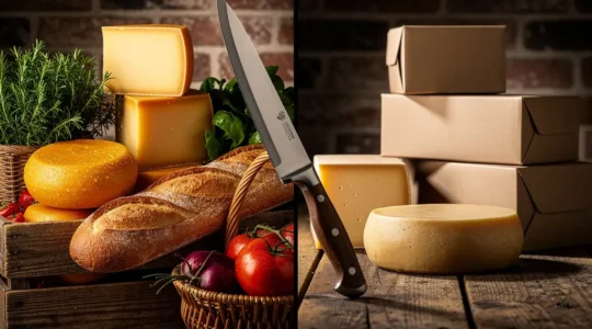 Comparaison visuelle entre produits du terroir local et importations italiennes dans un contexte de restauration professionnelle