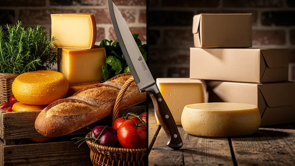 Comparaison visuelle entre produits du terroir local et importations italiennes dans un contexte de restauration professionnelle