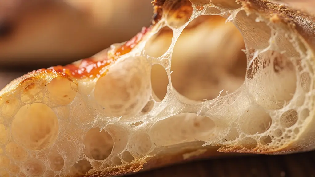 Coupe transversale d'un cornicione de pizza montrant la structure alvéolée