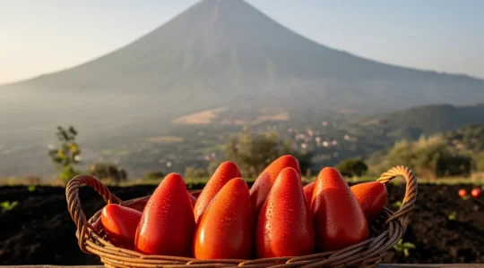 Tomates San Marzano DOP allongées rouge vif avec vue du Vésuve en arrière-plan