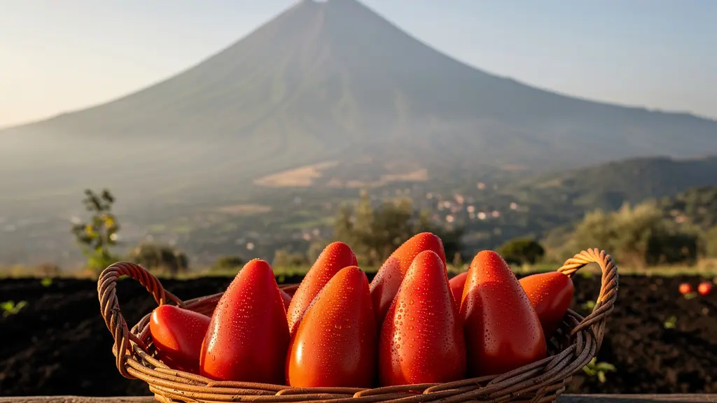 Tomates San Marzano DOP allongées rouge vif avec vue du Vésuve en arrière-plan