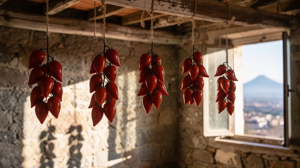 Grappes de tomates Piennolo DOP suspendues dans un grenier traditionnel avec le Vésuve en arrière-plan