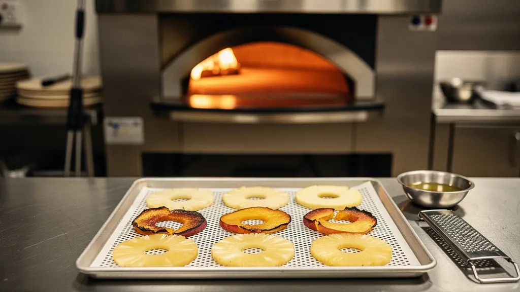 Tranches fines de fruits séchées au four disposées sur un plan de travail de cuisine professionnelle, montrant le processus de pré-dessication.