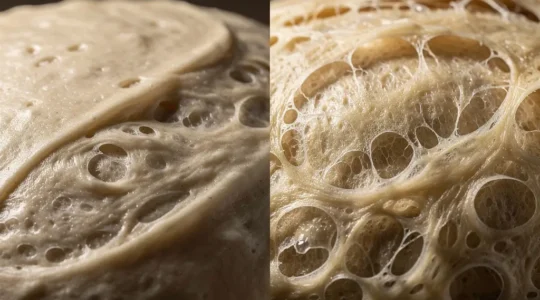 Vue macro détaillée de deux pâtes à pain côte à côte montrant la différence de texture entre 60% et 70% d'hydratation