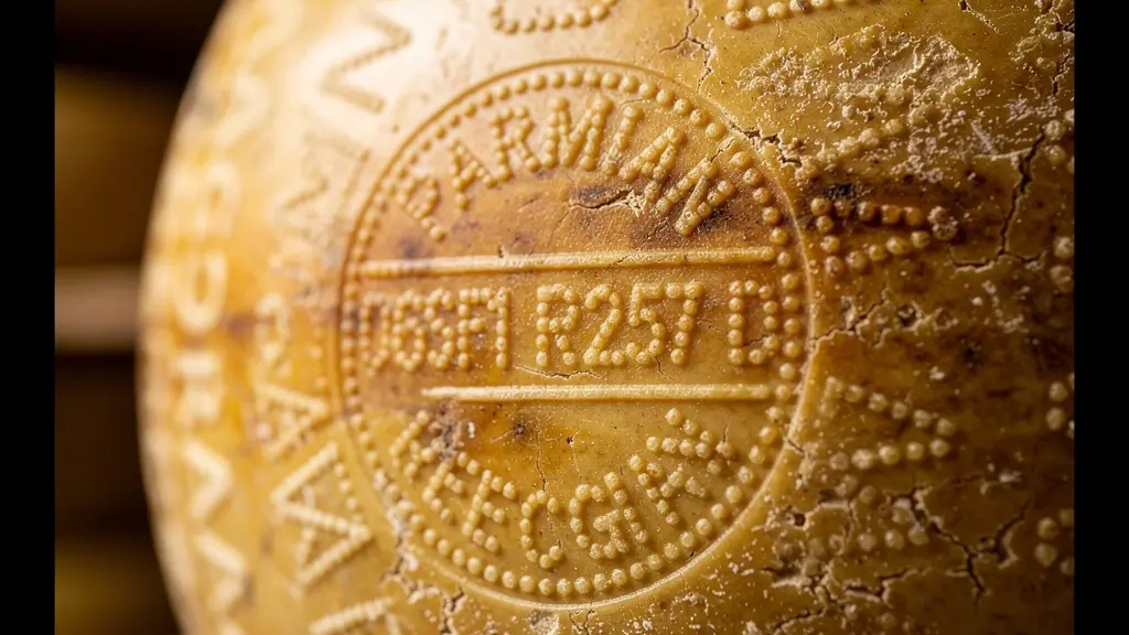 Macro détaillé d'un sceau de caséine authentique sur une meule de Parmigiano Reggiano DOP