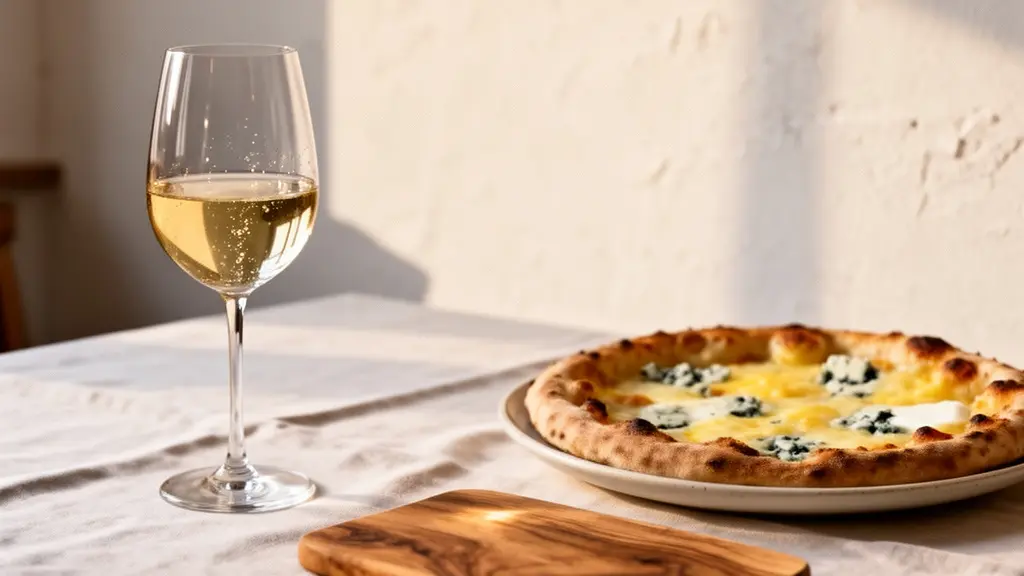 Verre de vin blanc minéral posé à côté d'une pizza quatre fromages dans une ambiance de trattoria italienne