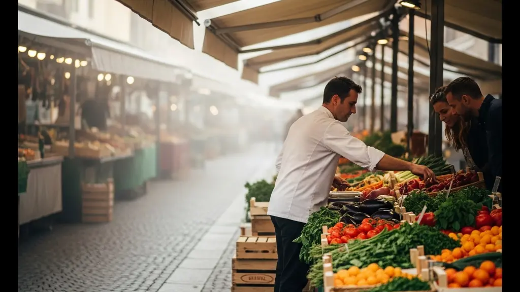 Chef en veste blanche sélectionnant des produits frais sur un étal de marché en plein air avec des clients curieux autour