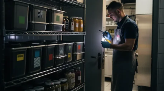 Responsable de cuisine inspectant une reserve alimentaire professionnelle, ambiance d'enquete sur les stocks, sans aucun texte visible.