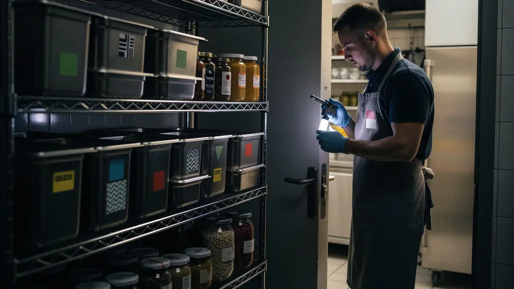 Responsable de cuisine inspectant une reserve alimentaire professionnelle, ambiance d'enquete sur les stocks, sans aucun texte visible.