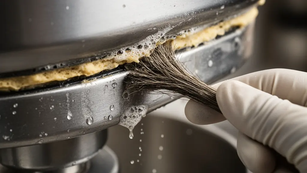 Gros plan d’un recoin difficile d’accès d’un pétrin à spirale en cours de nettoyage, montrant résidus et brosse pour illustrer le risque de contamination.