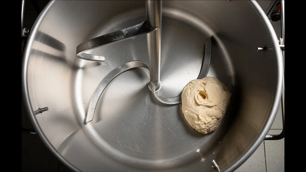 Vue plongeante d'une cuve de pétrin avec une petite quantité de pâte mal répartie