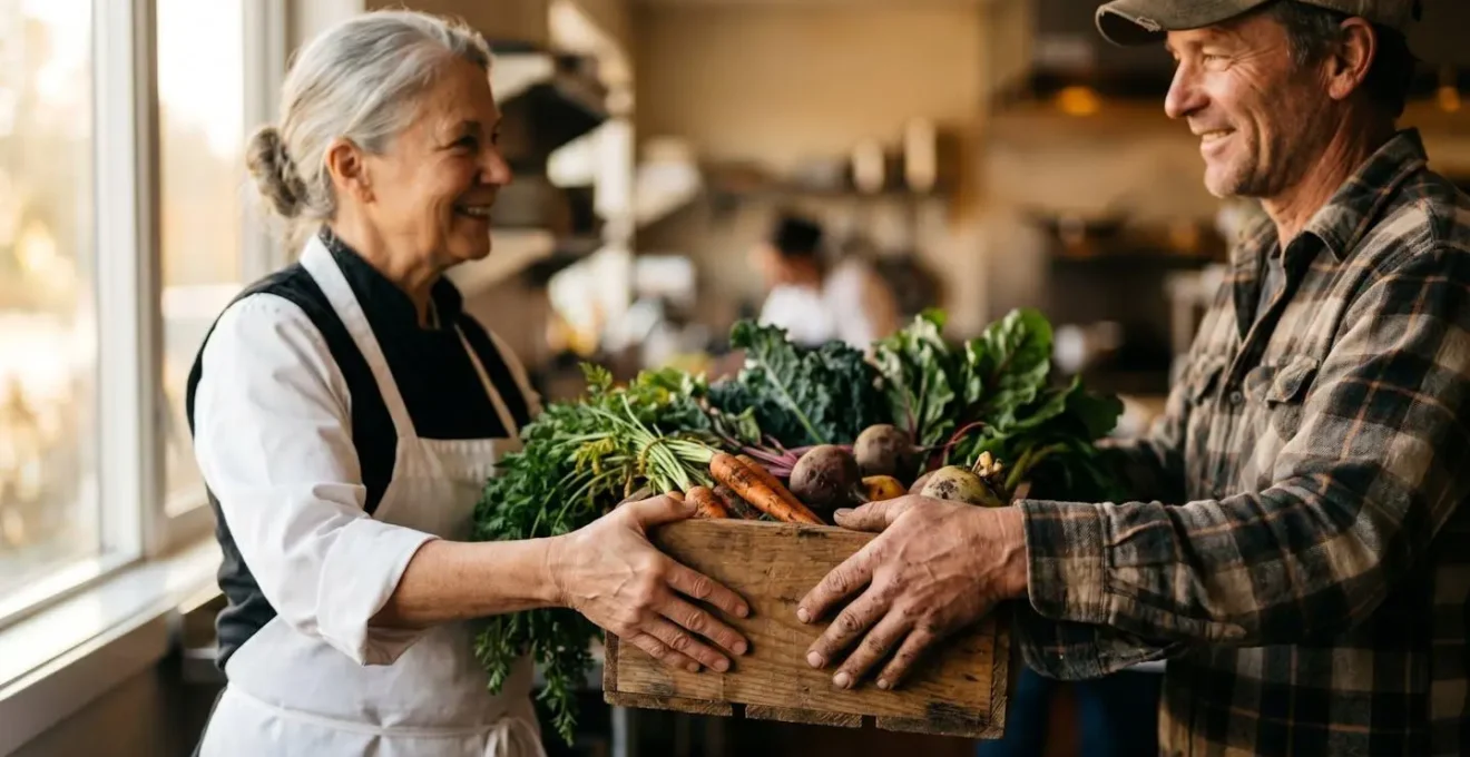 Livraison matinale de légumes frais de saison par un producteur local à un restaurant
