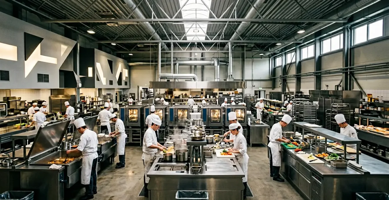 Vue d'ensemble d'une cuisine centrale professionnelle en pleine production de repas pour la restauration collective