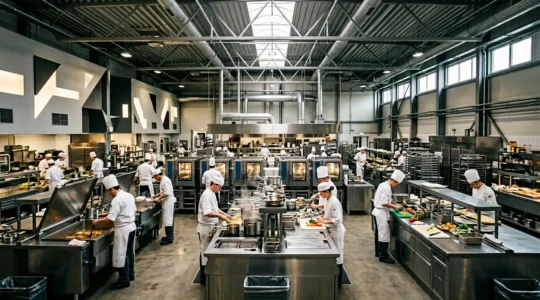 Vue d'ensemble d'une cuisine centrale professionnelle en pleine production de repas pour la restauration collective
