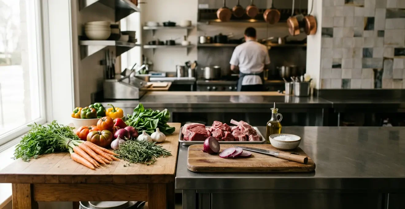 Plat gastronomique préparé avec des ingrédients bruts frais dans une cuisine de restaurant professionnelle