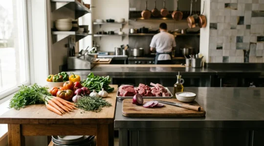 Plat gastronomique préparé avec des ingrédients bruts frais dans une cuisine de restaurant professionnelle