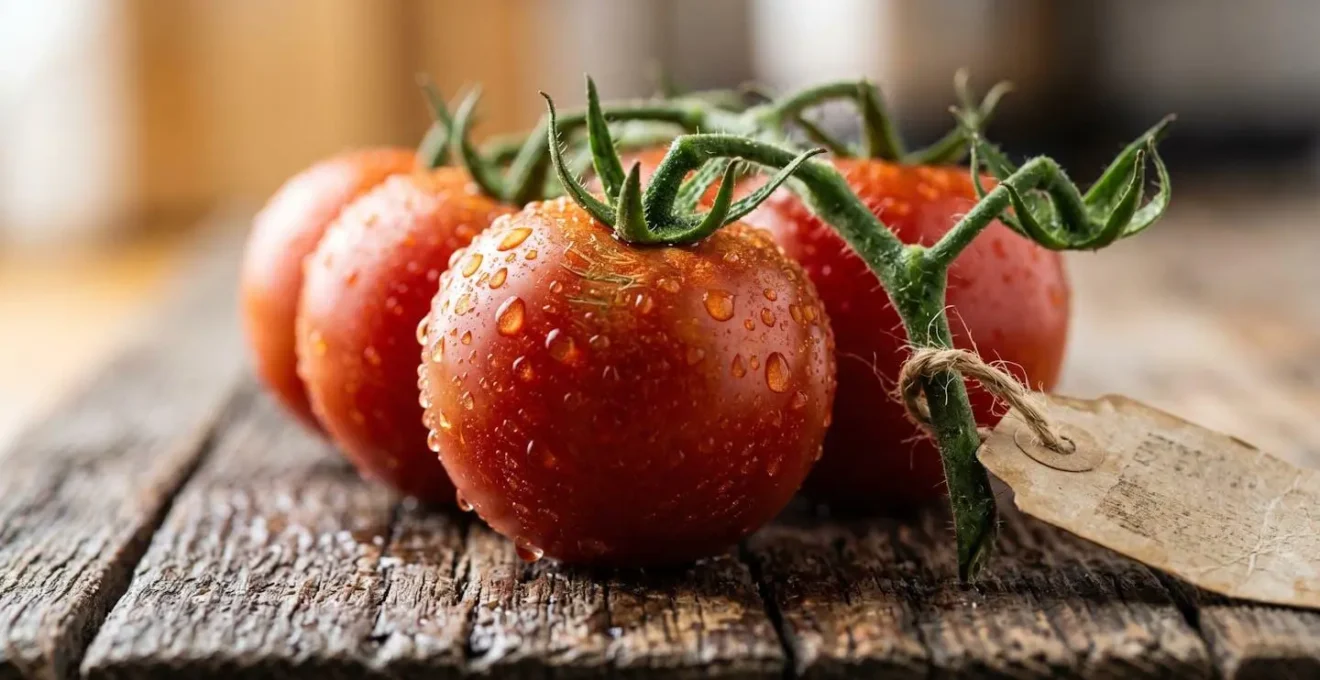 Gros plan sur des tomates fraîches locales avec étiquette artisanale montrant la provenance du producteur