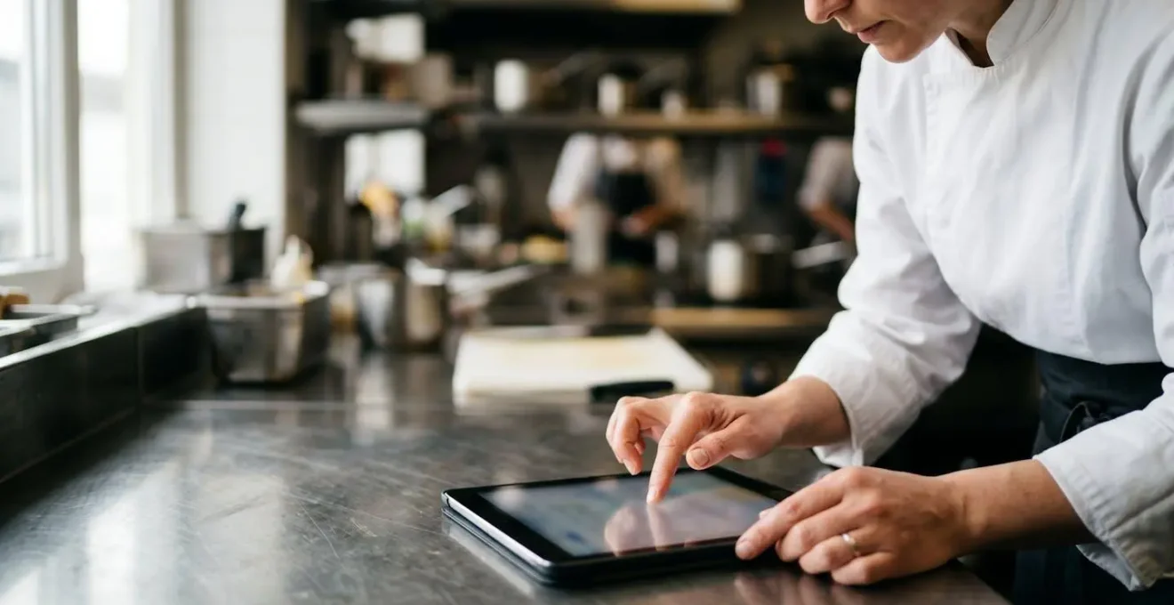 Gros plan sur les mains d'un chef utilisant une tablette tactile pour la gestion de production en cuisine professionnelle