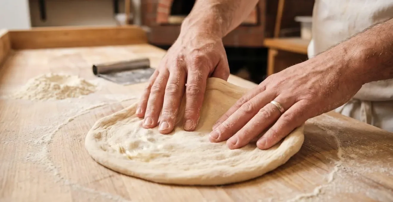 Gros plan sur les mains d'un pizzaiolo étirant délicatement une pâte à pizza circulaire avec les doigts, pâte légèrement translucide