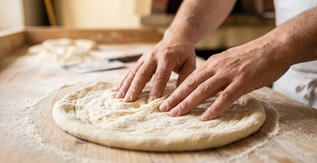 Gros plan sur les mains d'un pizzaiolo étirant délicatement une pâte à pizza circulaire avec les doigts, pâte légèrement translucide