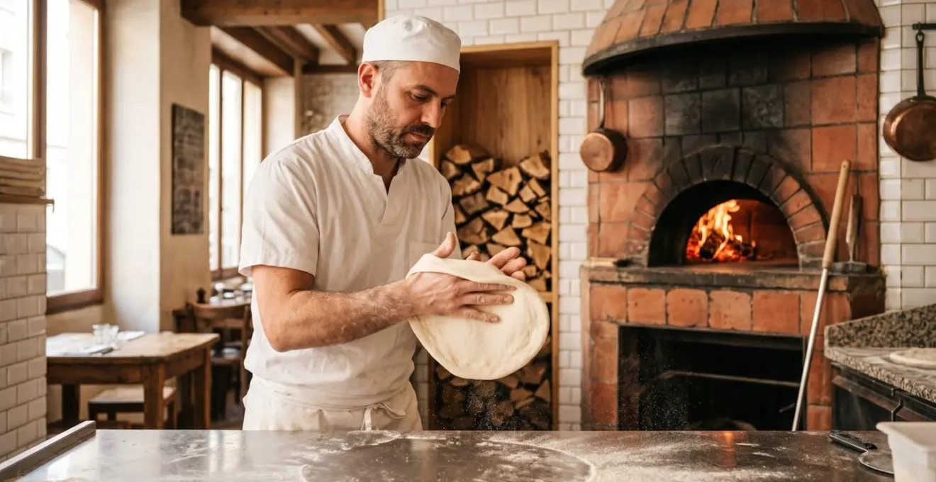 Pizzaiolo professionnel façonnant une pâte à pizza à la main sur un plan de travail, avec four à bois traditionnel en arrière-plan dans une cuisine de pizzeria artisanale