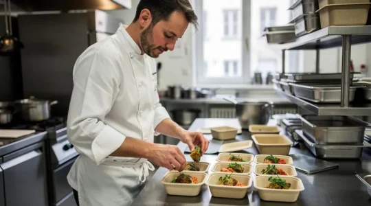 Chef professionnel préparant des portions alimentaires dans des barquettes compostables beiges dans une cuisine commerciale moderne