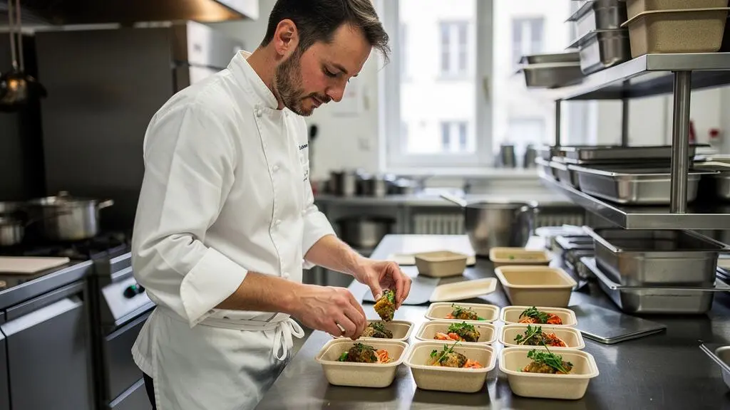 Chef professionnel préparant des portions alimentaires dans des barquettes compostables beiges dans une cuisine commerciale moderne
