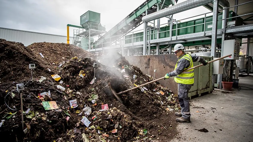 Travailleur retournant du compost industriel contenant des emballages alimentaires en décomposition dans une installation de compostage à grande échelle
