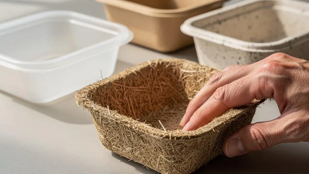 Gros plan sur plusieurs barquettes compostables de matériaux différents montrant les textures de bagasse, PLA et fibre moulée